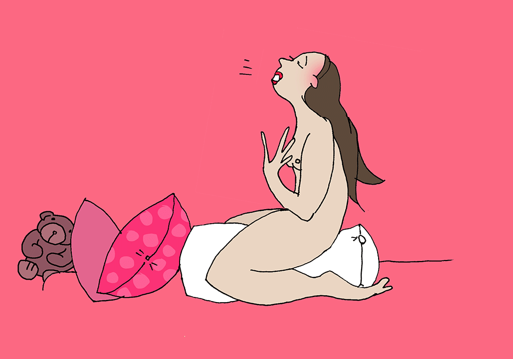 An animated illustration shows a naked woman kneeling with a pillow between her legs. She rocks her pelvis forward and backward. She breathes in and out as she does so.
