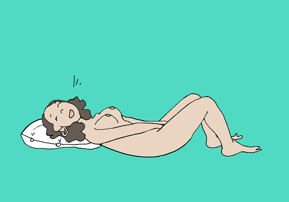 An animated illustration showing: a naked woman is lying on her back with her legs bent. She has both hands on her genitals. She rocks her pelvis back and forth. She breathes in and out as she does so.