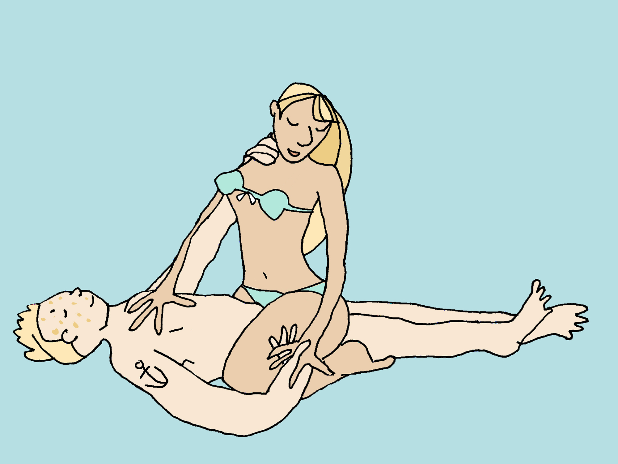 A naked man lies on his back. A woman in her underwear sits on him in cowgirl position.